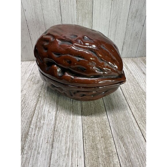 Vintage Walnut Shaped Candy Nut Trinket Dish Ceramic with Lid Brown MCM 6" Long - Picture 1 of 10
